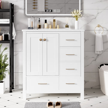30 Inch Modern Bathroom Vanity With Ceramic Sink And Four Drawers White
