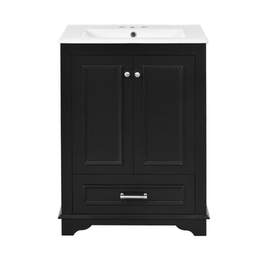 24 Inch Bathroom Vanity with Ceramic Sink Soft Close Doors Silver Handles Black