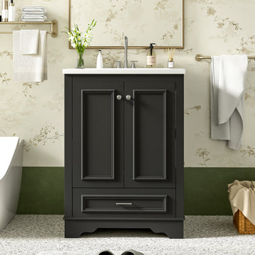 24 Inch Bathroom Vanity with Ceramic Sink Soft Close Doors Silver Handles Black