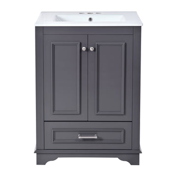 24 Inch Bathroom Vanity with Ceramic Sink Soft Close Doors Silver Handles Blue Gray