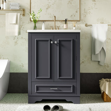 24 Inch Bathroom Vanity with Ceramic Sink Soft Close Doors Silver Handles Blue Gray