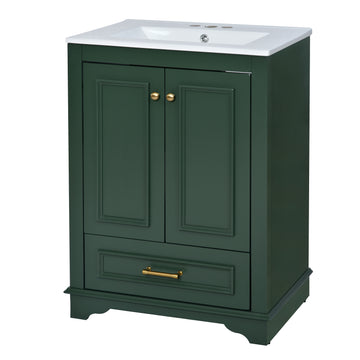 24 Inch Bathroom Vanity with Ceramic Sink Soft Close Doors Silver Handles Green