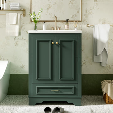 24 Inch Bathroom Vanity with Ceramic Sink Soft Close Doors Silver Handles Green