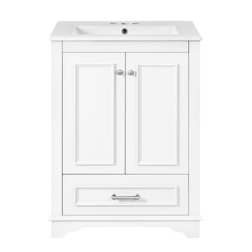 24 Inch Bathroom Vanity with Ceramic Sink Soft Close Doors Silver Handles White