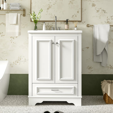 24 Inch Bathroom Vanity with Ceramic Sink Soft Close Doors Silver Handles White