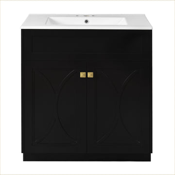 30 Inch Modern Bathroom Vanity with Ceramic Sink Soft Close Doors Solid Wood Frame Black