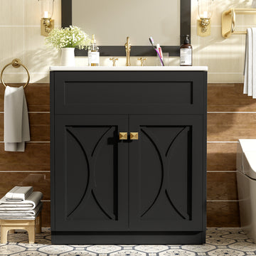 30 Inch Modern Bathroom Vanity with Ceramic Sink Soft Close Doors Solid Wood Frame Black