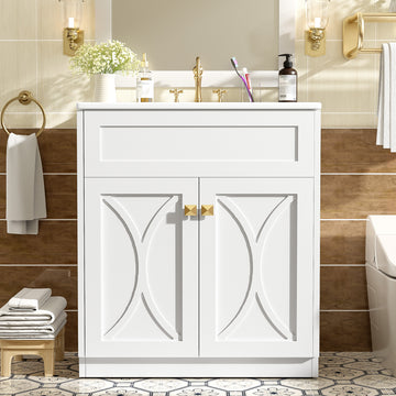 30 Inch Modern Bathroom Vanity with Ceramic Sink Soft Close Doors Solid Wood Frame White