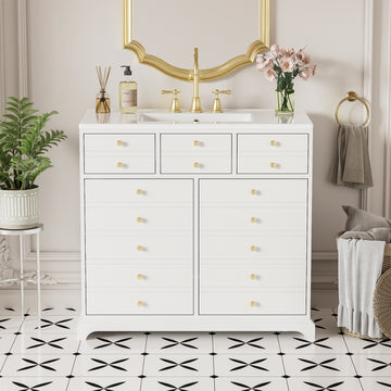 36 Inch Bathroom Vanity With Ceramic Sink And Two Drawers White