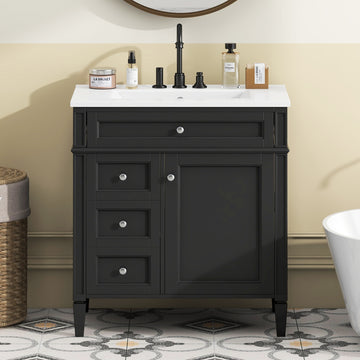 30 Inch Bathroom Vanity with Sink Modern Storage Cabinet with 2 Drawers and Tip Out Drawer Black