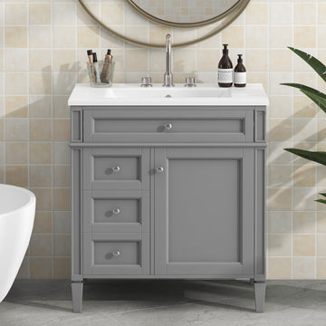30 Inch Bathroom Vanity with Sink Modern Storage Cabinet with 2 Drawers and Tip Out Drawer Grey