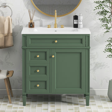 30 Inch Bathroom Vanity with Ceramic Sink Two Drawers Tip Out Drawer Green