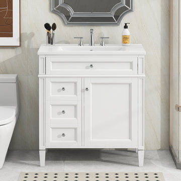 30 Inch Bathroom Vanity with Sink Modern Storage Cabinet with 2 Drawers and Tip Out Drawer White