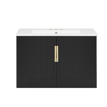 30 Inch Vintage Bathroom Vanity with Ceramic Sink Black Dual Doors