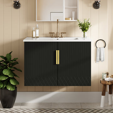 30 Inch Vintage Bathroom Vanity with Ceramic Sink Black Dual Doors