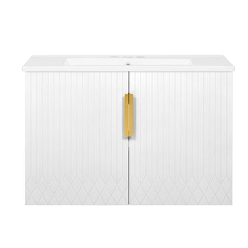 30 Inch Vintage Wall Mounted Bathroom Vanity With Ceramic Sink White