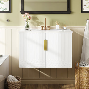 30 Inch Vintage Wall Mounted Bathroom Vanity With Ceramic Sink White