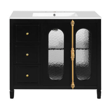 36 Inch Bathroom Vanity With Ceramic Sink Solid Wood Frame Three Drawers Black