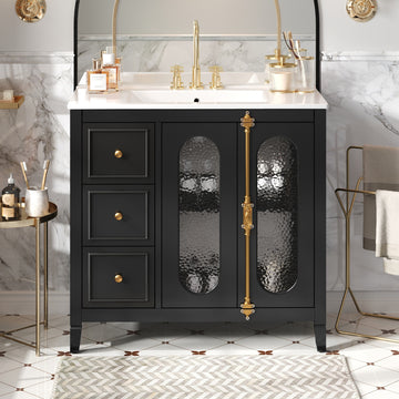 36 Inch Bathroom Vanity With Ceramic Sink Solid Wood Frame Three Drawers Black