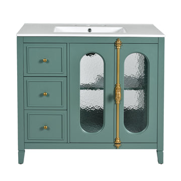 36 Inch Bathroom Vanity With Ceramic Sink Solid Wood Frame Three Drawers Lake Green