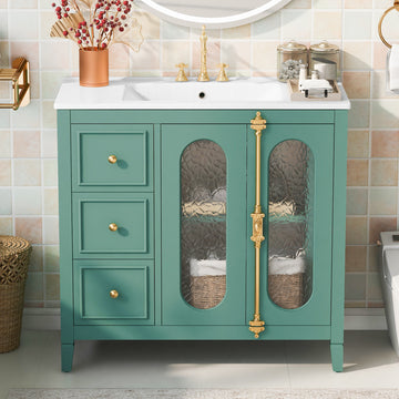 36 Inch Bathroom Vanity With Ceramic Sink Solid Wood Frame Three Drawers Lake Green