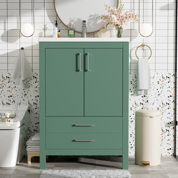 24 Inch Bathroom Vanity With Ceramic Sink Solid Wood Frame Green