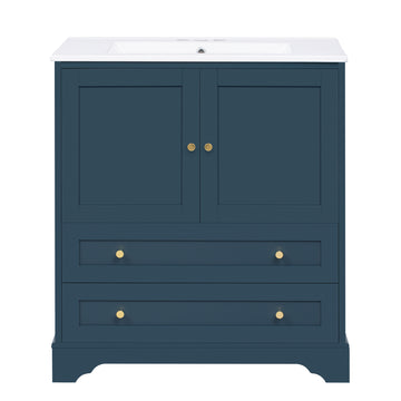30 Inch Bathroom Vanity With Ceramic Sink Solid Wood Frame Blue