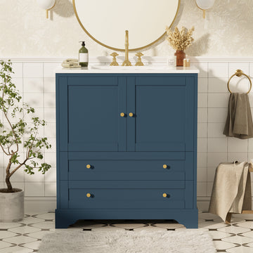 30 Inch Bathroom Vanity With Ceramic Sink Solid Wood Frame Blue