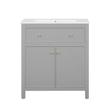 30 Inch Bathroom Vanity With Ceramic Sink Soft Close Doors Grey