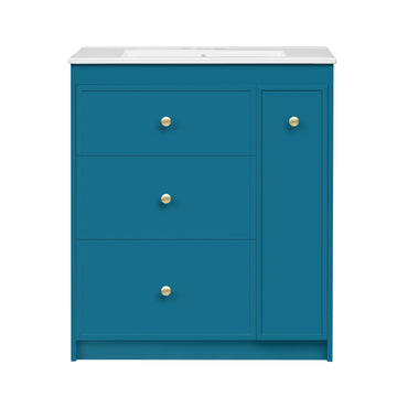 30 Inch Bathroom Vanity With Ceramic Sink Four Drawer Blue