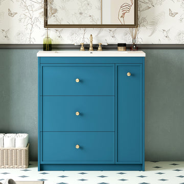 30 Inch Bathroom Vanity With Ceramic Sink Four Drawer Blue