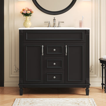 36 Inch Bathroom Vanity with Ceramic Sink Modern Cabinet with 2 Doors and 2 Drawers Black
