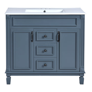 36 Inch Bathroom Vanity with Ceramic Sink Modern Cabinet with 2 Doors and 2 Drawers Blue