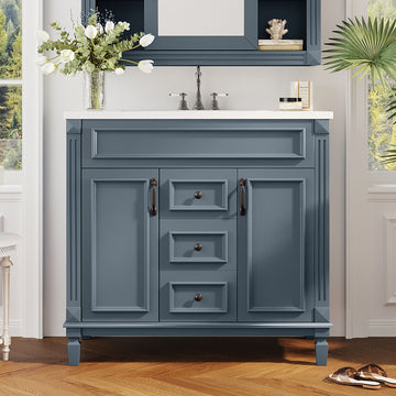 36 Inch Bathroom Vanity with Ceramic Sink Modern Cabinet with 2 Doors and 2 Drawers Blue