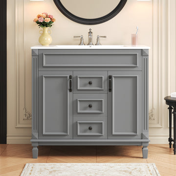 36 Inch Bathroom Vanity with Ceramic Sink Modern Cabinet with 2 Doors and 2 Drawers Grey