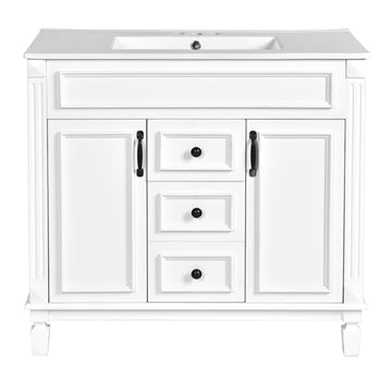 36 Inch Bathroom Vanity with Ceramic Sink Modern Cabinet with 2 Doors and 2 Drawers White