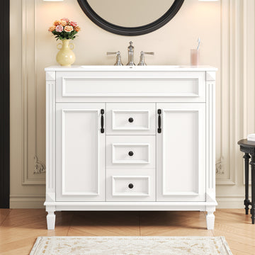 36 Inch Bathroom Vanity with Ceramic Sink Modern Cabinet with 2 Doors and 2 Drawers White