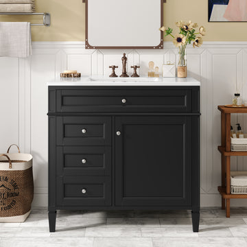 36 Inch Modern Bathroom Vanity With Ceramic Sink And Three Drawers Black