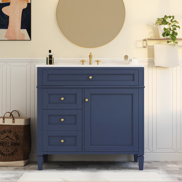 36 Inch Modern Bathroom Vanity With Ceramic Sink And Three Drawers Blue