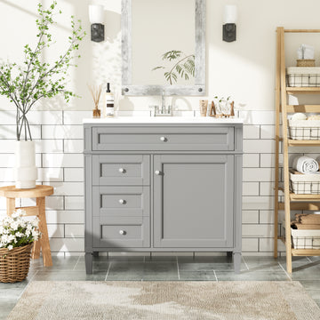36 Inch Modern Bathroom Vanity With Ceramic Sink And Three Drawers Grey