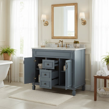 36 Inch Modern Bathroom Vanity Cabinet Only with Soft Closing Doors and Drawers Blue