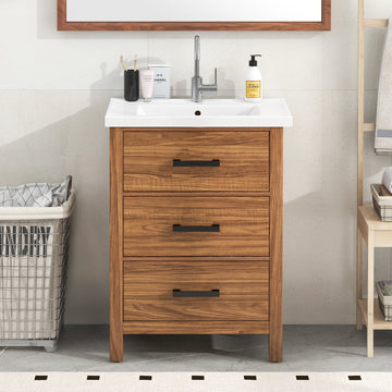 24 Inch Bathroom Vanity with Ceramic Sink Modern Cabinet with 3 Drawers Natural Wood