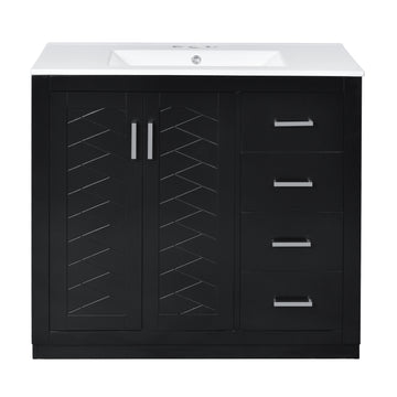 36 Inch Bathroom Vanity With Ceramic Sink Solid Wood Frame Three Drawers Black