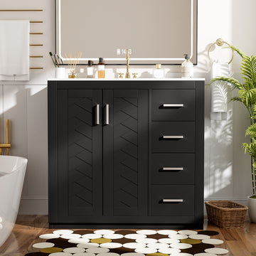 36 Inch Bathroom Vanity With Ceramic Sink Solid Wood Frame Three Drawers Black