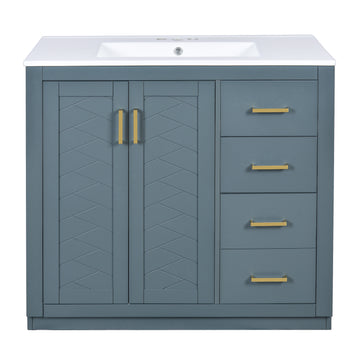 36 Inch Bathroom Vanity With Ceramic Sink Solid Wood Frame Three Drawers Blue