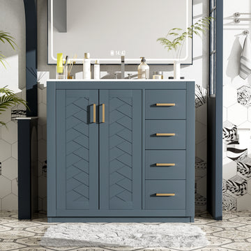 36 Inch Bathroom Vanity With Ceramic Sink Solid Wood Frame Three Drawers Blue