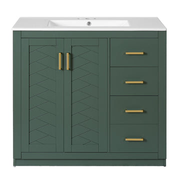 36 Inch Bathroom Vanity With Ceramic Sink Solid Wood Frame Three Drawers Green