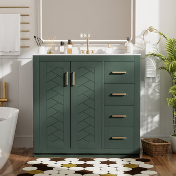36 Inch Bathroom Vanity With Ceramic Sink Solid Wood Frame Three Drawers Green