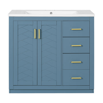 36 Inch Bathroom Vanity with Ceramic Sink Solid Wood Frame 3 Drawers 2 Doors Indigo