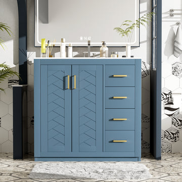 36 Inch Bathroom Vanity with Ceramic Sink Solid Wood Frame 3 Drawers 2 Doors Indigo